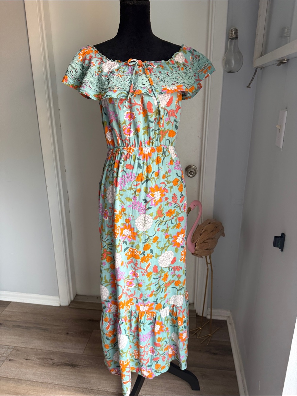 Derek Heart Floral Off-Shoulder Maxi Dress in Mint Green with Orange Accents